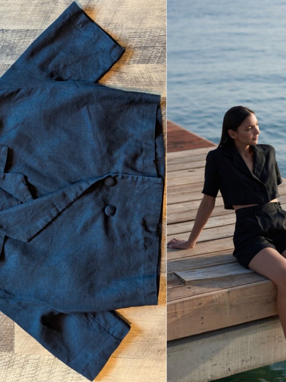 Sancte Cropped Blazer Short Sleeves Black Linen Macavi Small